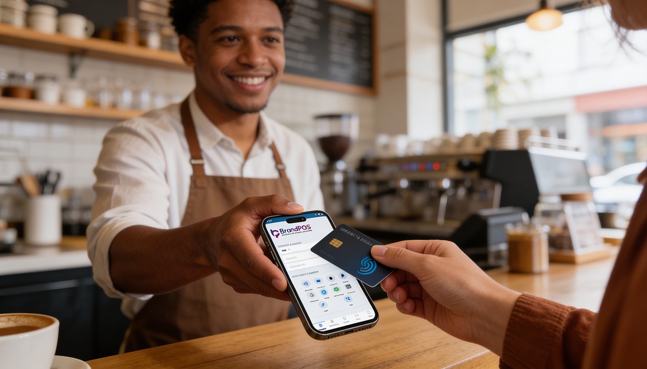 Realfoto eines Kunden, der seine Karte auf das Smartphone eines Händlers an der Ladentheke eines Cafés tippt