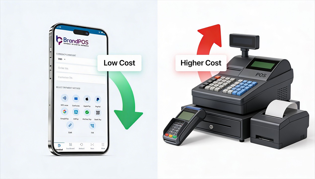 Konzeptillustration, die SoftPOS auf einem Smartphone im Vergleich zu sperriger traditioneller POS-Hardware mit visuellen Elementen zum Kostenvergleich zeigt