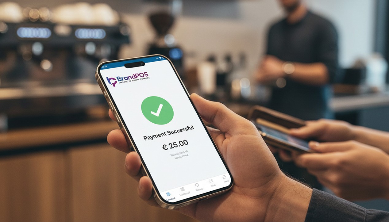 BrandPOS SoftPOS mobile App-Oberfläche mit Zahlungsannahme auf einem Smartphone